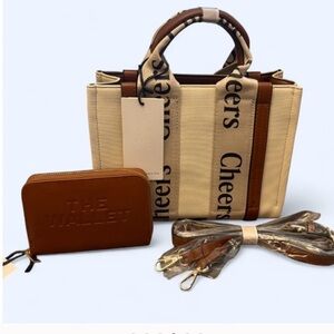 Women's “Cheers” Tote Bag with Detachable Strap + Brown Wallet